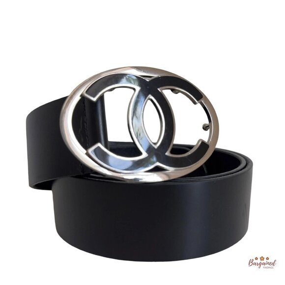 Authentic Chanel Black Leather Silver CC Logo Buckle Belt 85/34 - Picture 1 of 12